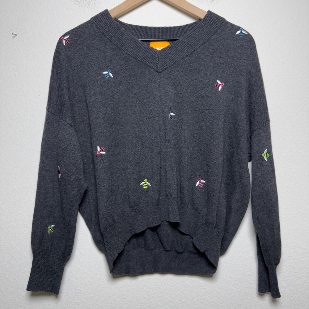 Brodie WISPR Women Cotton Silk Sweater Small Gray Embroidered Bees Novelty